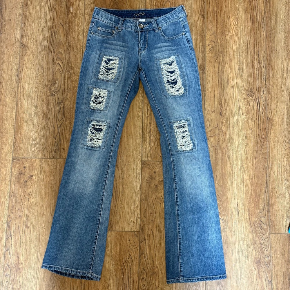 VTG Y2K Cache Rhinestone Distressed Flare Jeans Blue Denim Low Rise Women Size 0